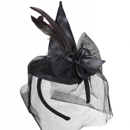 Halloweenaccessoires mini heksenhoed met veren en tule
