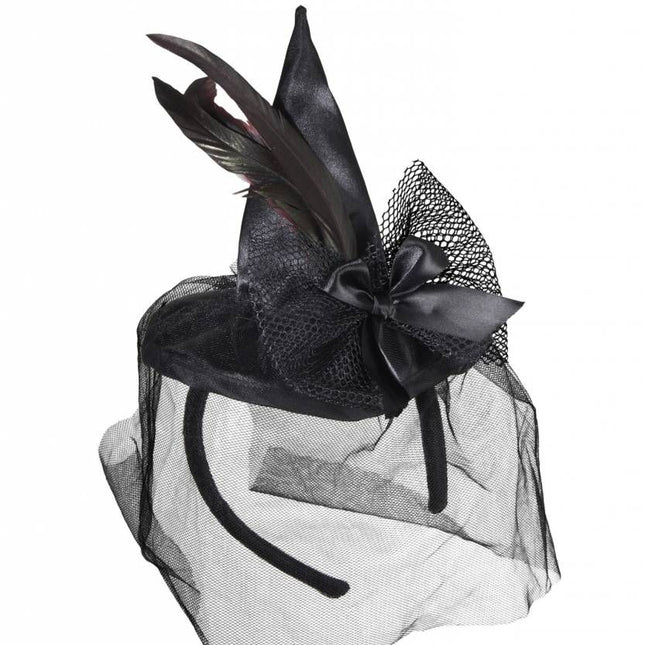 Halloweenaccessoires mini heksenhoed met veren en tule