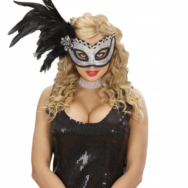 Halloweenaccessoires oogmasker holografisch met veren