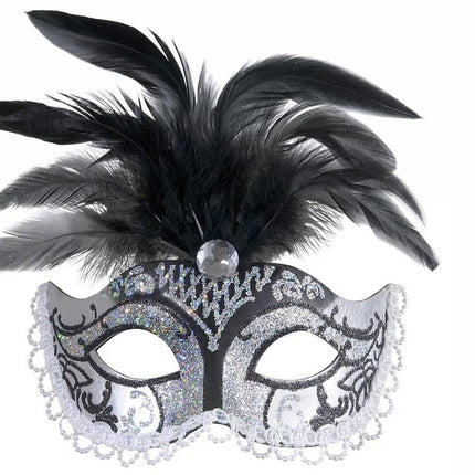 Halloweenaccessoires oogmasker zwart/zilver glitter met diamant en veren