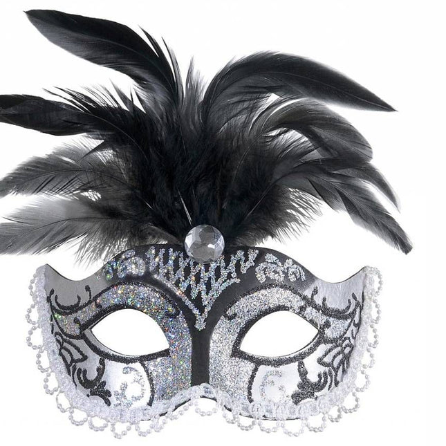Halloweenaccessoires oogmasker zwart/zilver glitter met diamant en veren