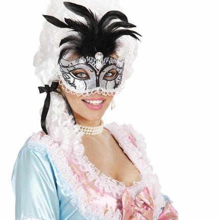 Halloweenaccessoires oogmasker zwart/zilver glitter met diamant en veren