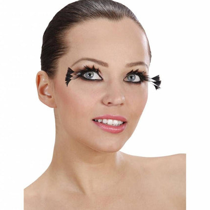 Halloweenaccessoires oogwimpers zwart met 3 veren aan de zijkant