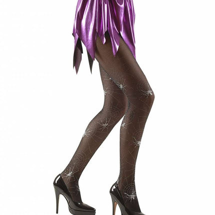 Halloweenaccessoires panty  zilver glitter met spinneweb en spinnen