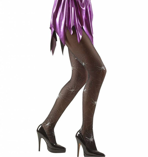 Halloweenaccessoires panty  zilver glitter met spinneweb en spinnen