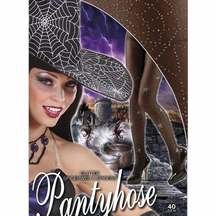 Halloweenaccessoires panty  zilver glitter met spinneweb en spinnen