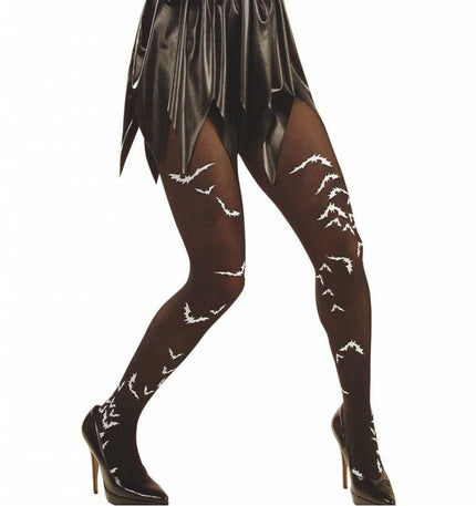 Halloweenaccessoires panty zwart met vleermuizen