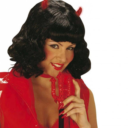 Halloweenaccessoires: Pruik Diabolique met oplichtende hoorntjes