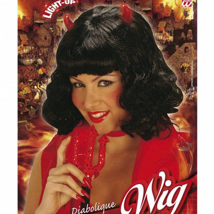 Halloweenaccessoires: Pruik Diabolique met oplichtende hoorntjes