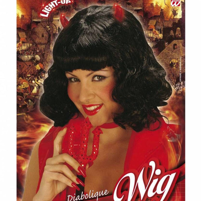Halloweenaccessoires: Pruik Diabolique met oplichtende hoorntjes