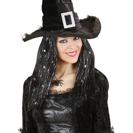 Halloweenaccessoires pruik heks met zilveren sterretjes