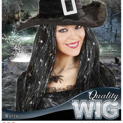 Halloweenaccessoires pruik heks met zilveren sterretjes