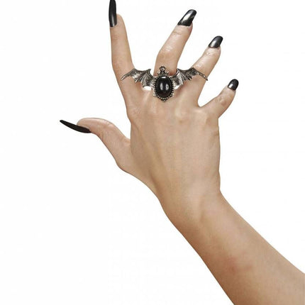 Halloweenaccessoires ring vleermuis met zwarte gemsteen
