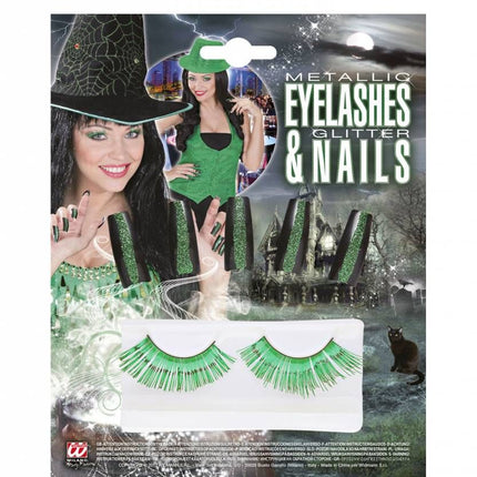 Halloweenaccessoires set oogwimpers groen met 10 glitternagels