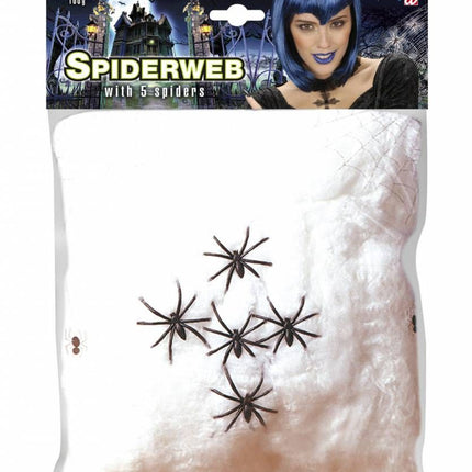 Halloweenaccessoires spinnenweb 100 gram met 5 spinnen