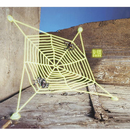 Halloweenaccessoires spinnenweb met 2 spinnen lichtgevend in donker