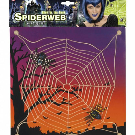 Halloweenaccessoires spinnenweb met 2 spinnen lichtgevend in donker