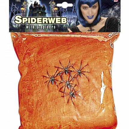 Halloweenaccessoires spinnenweb oranje 100 gram met 5 spinnen