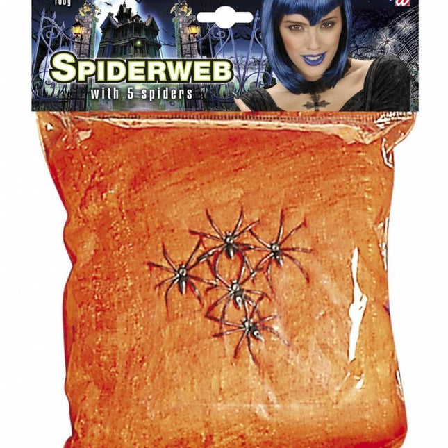 Halloweenaccessoires spinnenweb oranje 100 gram met 5 spinnen
