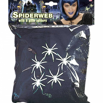 Halloweenaccessoires spinnenweb zwart 100 gram met 5 spinnen
