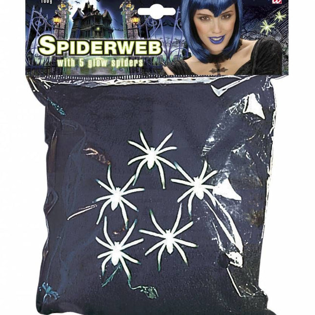 Halloweenaccessoires spinnenweb zwart 100 gram met 5 spinnen
