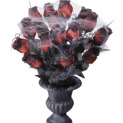 Halloweenaccessoires vaas met 15 rode rozen en spinneweb