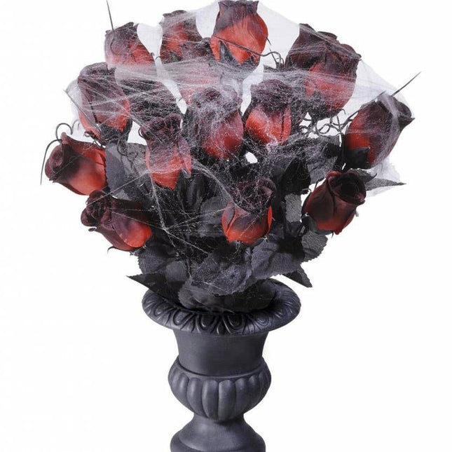 Halloweenaccessoires vaas met 15 rode rozen en spinneweb