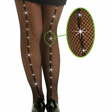 Halloweenaccessoires visnetpantyzwart met edelsteentjes