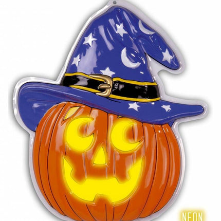 Halloweenaccessoires wanddecoratie neon met heksenhoed