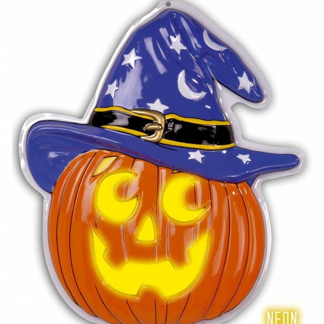 Halloweenaccessoires wanddecoratie neon met heksenhoed