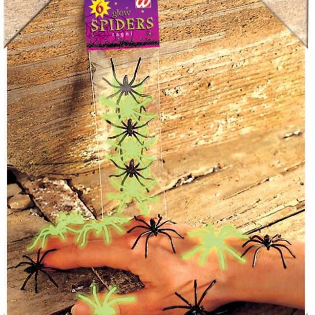 Halloweenaccessoires: Zakje met 6 spinnen, zwart en glow