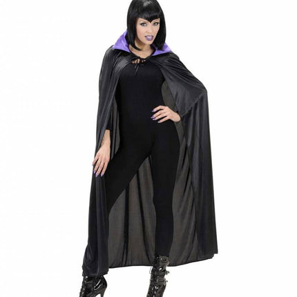 Halloweenaccessoires zwarte cape met paarse kraag