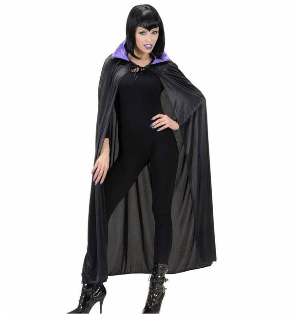 Halloweenaccessoires zwarte cape met paarse kraag