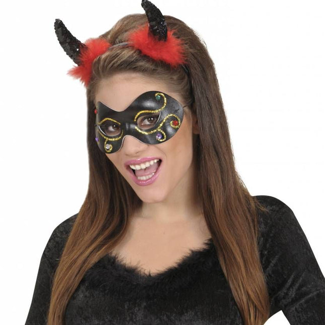 Halloweenaccessoires zwarte duivelhoorn pailetten met marabou