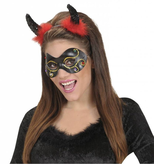 Halloweenaccessoires zwarte duivelhoorn pailetten met marabou