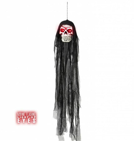 Halloweenartikelen schedel met flikkerende ogen en kap 90cm
