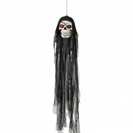 Halloweenartikelen schedel met flikkerende ogen en kap 90cm