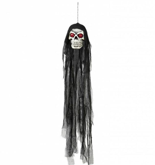 Halloweenartikelen schedel met flikkerende ogen en kap 90cm