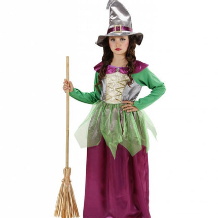 Halloweenkleding heks kind groen/paars