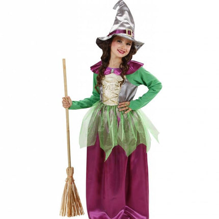 Halloweenkleding heks kind groen/paars