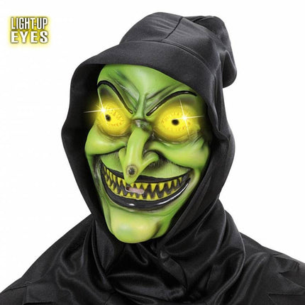 Halloweenmaskers: Heks met kap en oplichtende ogen