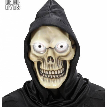 Halloweenmaskers: Schedelmasker met kap en oplichtende ogen