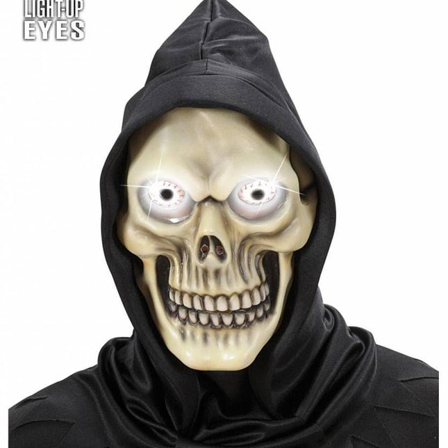 Halloweenmaskers: Schedelmasker met kap en oplichtende ogen