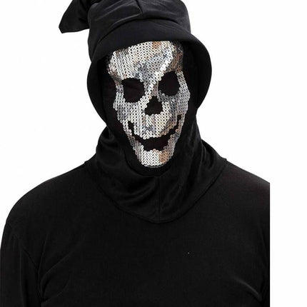 Halloweenmaskers: Schedelmasker met kap en pailletten