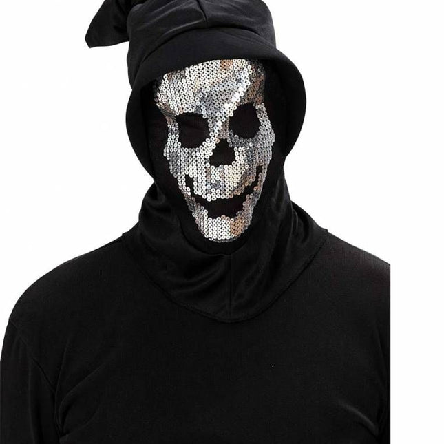 Halloweenmaskers: Schedelmasker met kap en pailletten