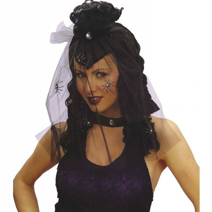 Halloweenpruik dark mistress met sluier en spin